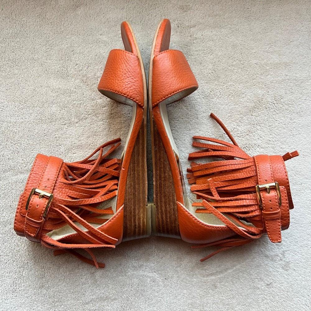 Michael Kors Women 5.5 M Orange Leather Fringe Ankle Wrap Wedge Sandals Boho - Picture 4 of 16